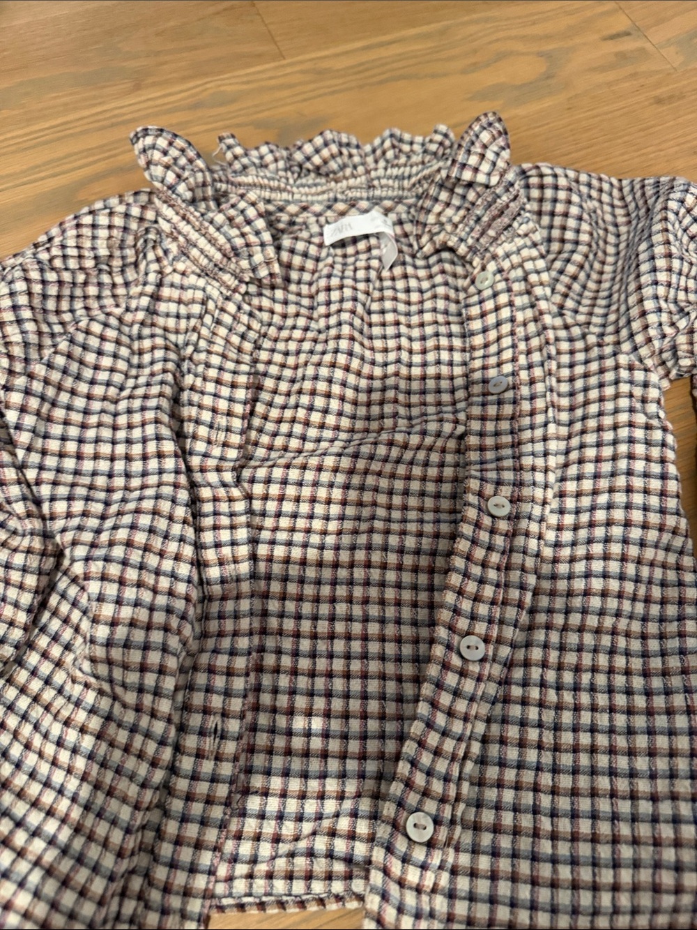 Zara Girls Cream Plaid Button-Down Shirt with Navy and Burgundy Checks
